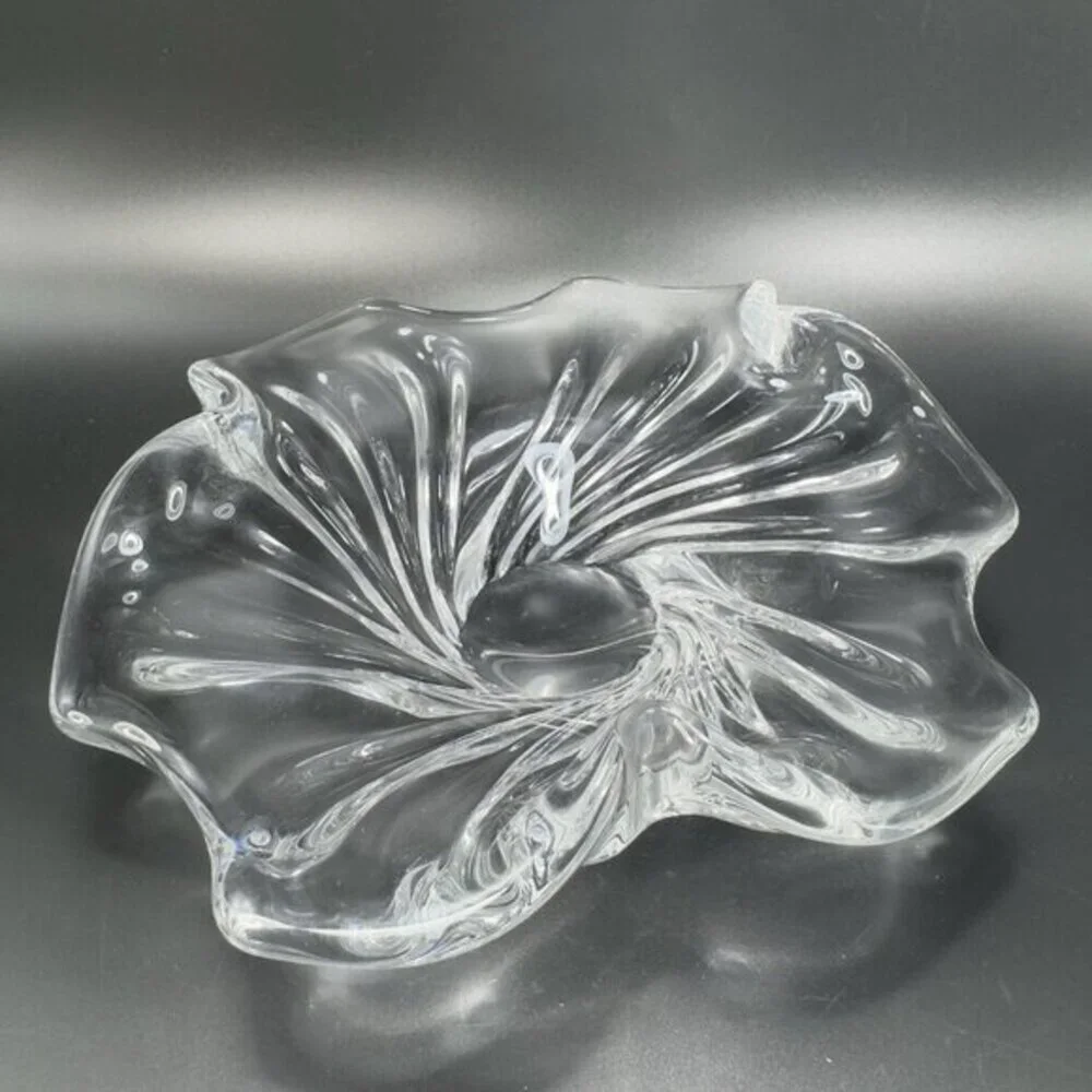 Vintage 1980s Venetian Clear Glass Dish Bowl Centerpiece Made In Italy Decor VTG